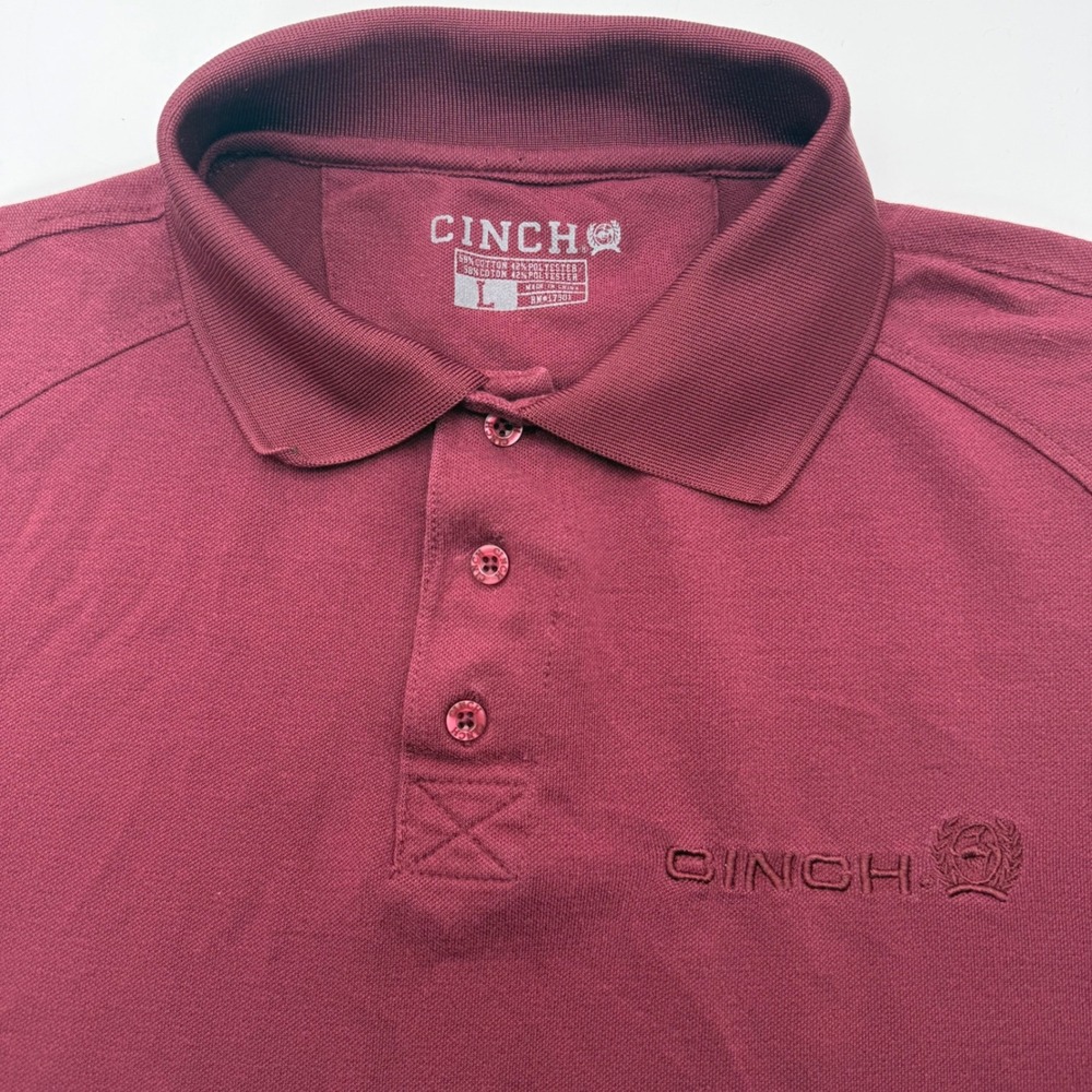 Cinch Polo Shirt Mens Large Burgundy Short Sleeve Logo Embroidered Pique Knit